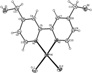 ORTEP-type view of the structure of compound 13 showing the crystallographic labelling scheme. Thermal ellipsoids are drawn at 20% probability level. Selected bond distances (Å): Pd–Cl(1) 2.2967(9); Pd–Cl(2) 2.2869(8); Pd–N(1) 2.022(2); Pd–N(2) 2.018(3); C(11)–O(1) 1.398(5); C(12)–O(2) 1.410(5); Selected bond angles (°): Cl(1)–Pd–Cl(2) 89.33(3); Cl(1)–Pd–N(1) 95.50(8); Cl(1)–Pd–N(2) 175.85(7); Cl(2)–Pd–N(1) 175.10(8); Cl(2)–Pd–N(2) 94.74(7); N(1)–Pd–N(2) 80.45(10); C(3)–C(11)–O(1) 113.8(3); C(8)–C(12)–O(2) 113.9(3).