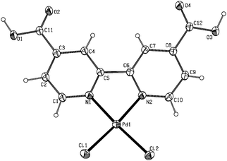 ORTEP-type view of the structure of compound 14 showing the crystallographic labelling scheme. Thermal ellipsoids are drawn at 20% probability level. Selected bond distances (Å): Pd–Cl(1) 2.2752(8); Pd–Cl(2) 2.2771(8); Pd–N(1) 2.027(2); Pd–N(2) 2.023(2); C(11)–O(1) 1.306(3); C(11)–O(2) 1.201(3); C(12)–O(3) 1.312(3); C(12)–O(4) 1.202(4). Selected bond angles (º): Cl(1)–Pd–Cl(2) 90.01(3); Cl(1)–Pd–N(1) 94.98(7); Cl(1)–Pd–N(2) 174.66(7); Cl(2)–Pd–N(1) 174.42(7); Cl(2)–Pd–N(2) 94.41(7); N(1)–Pd–N(2) 80.75(9); C(3)–C(11)–O(1) 113.7(2); C(3)–C(11)–O(2) 122.5(2); O(1)–C(11)–O(2) 123.8(3); C(8)–C(12)–O(3) 113.0(2); C(8)–C(12)–O(4) 123.0(2); O(3)–C(12)–O(4) 124.1(3).