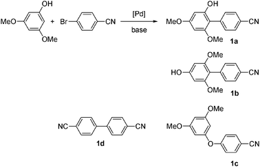 
          Arylation of 3,5-dimethoxyphenol with 4-bromobenzonitrile.