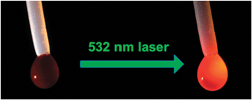 Pictures of the drop before (resazurin) and during laser excitation (resorufin); the bright point on the left of the drops is due to a reflection of the light source illuminating the drop, and the bright orange colour of the right drop incorporates extensive product fluorescence.