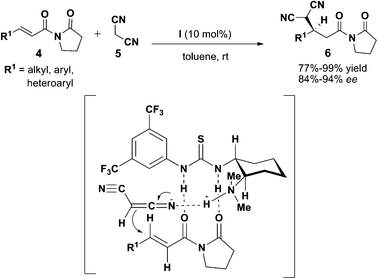 Asymmetric Michael addition of malononitrile to α,β-unsaturated imide.