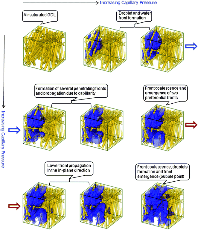 Advancing liquid water front with increasing capillary pressure through the initially air-saturated reconstructed GDL microstructure from the primary drainage simulation using LBM.140