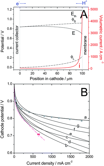 Calculated polarization curves for a 100-μm thick cathode based on a hypothetical NPMC having the activity defined by U.S. DOE's 2010 activity target (curves a–f) or 2015 activity target (curve g) and with a Tafel slope of 70 mV/dec. Calculations were performed under the following assumptions: 100% RH, 80 °C, 1 bar O2 and H2 (i.e. 1.5 bar total gas pressure including 0.5 bar of water vapour), and using various values of the electronic- and protonic effective conductivities in the cathode, σeff,S and σeff,L, respectively. (A) Example of profiles of electric potentials across a cathode at 0.6 V (1.84 A cm−2) for σeff,S = 20 S m−1 & σeff,L = 1 S m−1 (corresponding to highest current of curve (b) in (B)). The overall cathode potential used for the polarization curve is Etot = ϕS(0 μm) − ϕL(100 μm) = 0.6V. (B) Polarization curves computed for different sets of conductivities. (a) σeff,S & σeff,L infinitely high (b) σeff,S = 20 S m−1 & σeff,L = 1 S m−1 (c) σeff,S = 100 S m−1 & σeff,L = 1 S m−1 (d) σeff,S = 20 S m−1 & σeff,L = 2 S m−1 (e) σeff,S = 20 S m−1 & σeff,L = 5 S m−1 (f–g) σeff,S = 100 S m−1 & σeff,L = 5 S m−1. Experimental data: Cathode with 0.4 mgPt cm−2 using 47 wt% Pt/C (grey circles), ca. 10 μm-thick cathode, or with 3.2 mg cm−2 of CM-Fe-C(2) (triangle), ca. 80 μm-thick cathode.