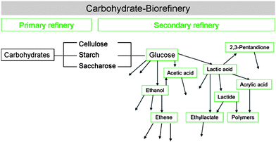 Examples of platform chemicals derived from the carbohydrate fraction.