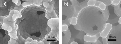 A carbon inverse-opal coated with amorphous silicon a) before cycling, and b) after 145 lithiation/delithiation cycles. Reproduced from Ref. 111 with permission from Wiley-VCH Verlag GmbH & Co.