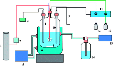 Schematic representation of setup of the bioreactor: (1) hydrogen gas bottle, (2) mass flow controller, (3) redox potential meter, (4) redox electrode, (5) water bath, 303 K, (6) water mantle, (7) gas inlet, (8) magnetic stirrer, (9) sampling, (10) pH electrode, (11) pH controller, (12) base stock (NaOH, 2 M), (13) alkaline stock (HCl, 2 M), (14) overflow and gas valve, and (15) gas volume meter.