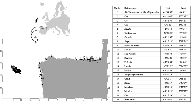 Map showing the study area, the location where the Prestige sunk and selected sampling points. In the adjacent table geographical coordinates for the location of each sampling point are shown.