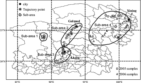 Soil sampling locations. The samples collected in 2005 and 2006 are labeled as squares (2005) and triangles (2006), respectively. The four sub-areas and the corresponding trajectory starting points are also shown.