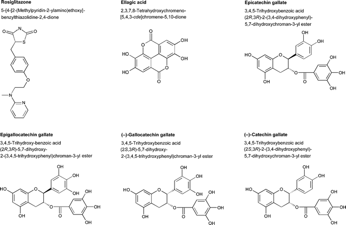 Chemical structures of epicatechin gallate, epigallocatechin gallate, ellagic acid, gallocatechin gallate, catechin gallate, and rosiglitazone.