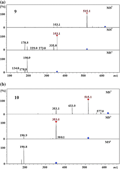 MS4 spectra of 1,3-dicaffeoyl-5-fumaroylquinic acid or 3, 5-dicaffeoyl-1-fumaroylquinic (9) and 1,5-dicaffeoyl-4-fumaroylquinic acid (10) (parent ion at m/z 613 in negative ion mode).
