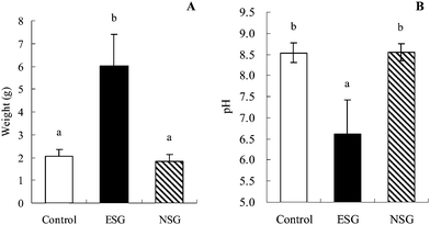 Weight and pH value of cecal content were altered by ESG but not NSG ingestion. Rats were fed ESG or NSG diets for 2 weeks. The cecal content was weighed (A) and pH was measured (B), as described in the materials and methods section. Values are mean ± S.D.; n = 7. Bars with different letters are significantly different from each other (p < 0.05).