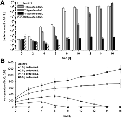 Comparison of bacterial growth of E. coli and H2O2 concentration in the incubation solution during 16 h of incubation with different concentrations of roasted coffee at 37 °C. (A) Time-dependent bacterial counts at the different coffee concentrations: control without coffee, 1.3 g dm/L, 2.5 g dm/L, 4.4 g dm/L, and 6.3 g dm/L, (B) Time-dependent concentration of H2O2 in the incubation solution with different coffee content. Values represent means ± SD of three independent experiments.