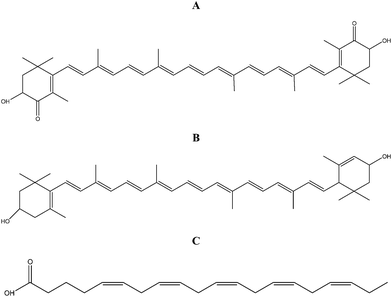 Chemical structures of astaxanthin (A), lutein (B) and EPA (C).