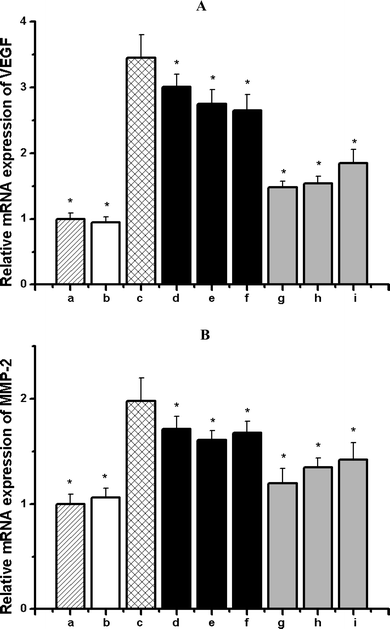 Effects of microalgal extracts as well as their nutritional ingredients on the mRNA expressions of VEGF (A) and MMP-2 (B) induced by AGEs in RPE cells. (a) Untreated cells; (b) cells treated with 200 μg mL−1 non-glycated BSA alone; (c) cells treated with 200 μg mL−1 AGE-BSA alone; (d) cells treated with 200 μg mL−1 AGE-BSA + 500 μg mL−1C. zofingiensis; (e) cells treated with 200 μg mL−1 AGE-BSA + 500 μg mL−1N. laevis; (f) cells treated with 200 μg mL−1 AGE-BSA + 500 μg mL−1C. protothecoides; (g) cells treated with 200 μg mL−1 AGE-BSA + 10 μg mL−1 lutein; (h) cells treated with 200 μg mL−1 AGE-BSA + 10 μg mL−1 astaxanthin; (i) cells treated with 200 μg mL−1 AGE-BSA + 10 μg mL−1 EPA. Each value represents the mean ± SD (n = 3). Significant differences were marked with * (P < 0.01) compared with (c) cells treated with 200 μg mL−1 AGEs-BSA.