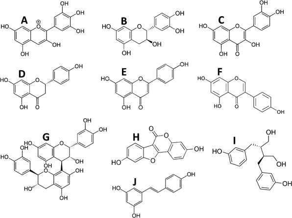 Examples of polyphenol structures by class. A, Anthocyanins (delphinidin); B, flavanols (epi-catechin); C, flavonols (quercetin); D, flavanones (naringenin); E, flavones (apigenin); F, isoflavones (genistein); G, proanthocyanidins (proanthocyanidin B1); H, coumestanes (coumesterol); I, lignans (enterodiol); and J, stilbenoids (resveratrol).