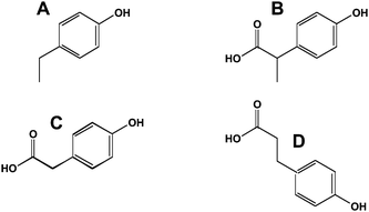 Ring opened metabolites of flavonoids and isoflavonoids. A, p-ethylphenol; B, 2-(4-hydroxyphenyl)-propionic acid; C, phenylacetic acid; D, 3-(4-hydroxyphenyl)-propionic acid.