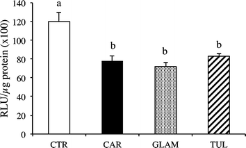 Cardiac superoxide anion production in hamsters fed a high-fat diet (CTR), or a CTR diet plus either Cardinal (CAR), Glen Ample (GLAM) or Tulameen raspberry juice (TUL) for 12 weeks. Values are expressed as mean ± SEM (n = 6). For each dietary treatment, bars with different index letters are statistically significantly different (P < 0.05).