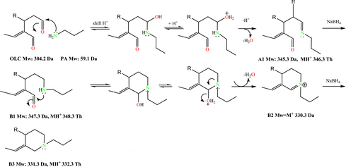 Reaction mechanism between OLC and propylamine in presence of NaBH4.