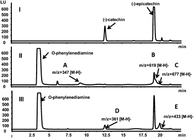 Fluorescent chromatograms (excitation 231 nm, emission 320 nm) of epicatechin after incubated with phosphate buffer (I), glyoxal (II), and methylglyoxal (III) for six hours. Peaks of identified adducts were labeled as A, B, C, D, and E.