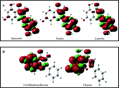 3D maps of the calculated spin density of the optimised radical species for the chromone derivatives showing a higher radical scavenging activity (red: positive spin density and green: negative spin density; calculated at the B3LYP/EPR-ii level and represented for an isovalue of 0.001).