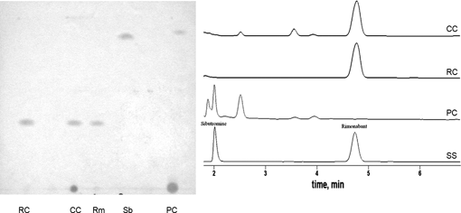 
              HPTLC (left) and HPLC chromatograms (right) of standard sibutramine and rimonabant and food supplements (modified from Kananet al.63).RC = Red Capsule; CC = Creamy Capsule; PC = Phytoslim Capsule; Rm = Rimonabant; Sb = Sibutramine.