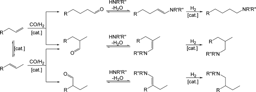 General reaction pathway of the hydroaminomethylation of alkenes.