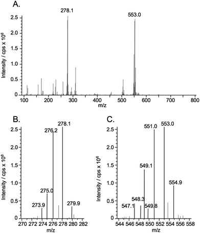 ESI-MS spectrum of the eluate at retention times of 20.5–21.7 min, containing unknown Se compound (ukSe) in the heat-treated soluble fraction of liver from hawksbill turtle (A). The eluate of the multi-mode size exclusion column of narrow bore size (GS320A-2E) was introduced into the ionization spray of ESI-MS without splitting. The introduction into the ESI-MS was time-separated for Se elution using a four-way valve, i.e., the eluate was introduced from 18.3 to 19.4 min. Magnified parts of the spectrum containing the characteristic isotope pattern of Se are shown in panels (B) and (C).