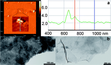 (a) Representative AFM image of GO–H2P and profile analysis showing a height of 1.77 nm for the enlarged region. Section analysis of other regions of the image show height ranges of 1.5–3.5 nm. (b) TEM images of the intact graphite (left panel) and GO–H2P hybrid material (right panel).