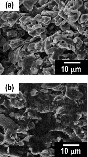 
          SEM images of a cross-section of the pellets composed of LiCoO2 and 80Li2S·20P2S5 glass after pressing at (a) room temperature and (b) 210 °C.