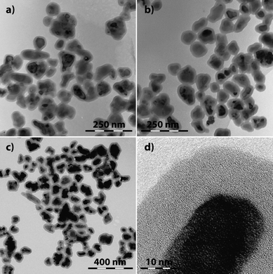 
            TEM images of a) the intermediate product LSMO@siF and both the final products: b) LSMO@siF@si-u and c,d) LSMO@siF@si-w.