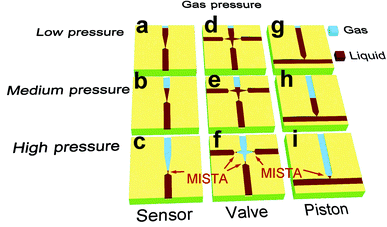 The working principle of a micro surface tension sensor (MISEN), valve (MISVA) and piston (MISTON). Micro channels filled with gas (blue) or liquid (red) on each glass chip are connected by sharp narrow channels or small holes that form a micro surface tension alveolus (MISTA) to separate gas and liquid and to stop the movement of the gas–liquid interface under high gas pressure. This figure shows how gas–liquid interfaces move to function as a pressure sensor, valve and piston in the MISEN, MISVA and MISTON, respectively.