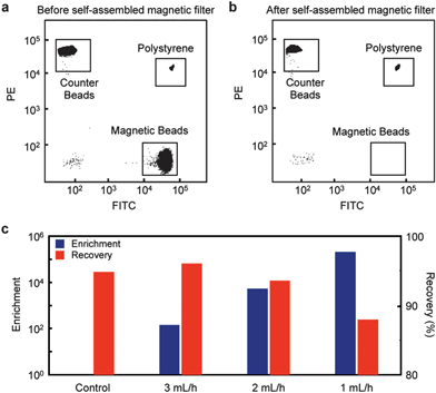 Characterizing the self-assembled magnetic filter. The self-assembled magnetic filter was tested by filtering a population of magnetic beads from polystyrene beads. Flow cytometry quantified the bead population before (a) and after (b) the filtration. (c) The self-assembled magnetic filter achieves a very high enrichment and recovery ratio, enhancing the population of polystyrene beads to magnetic ones by a factor of >105 while retaining ∼90% of the polystyrene beads. The enrichment and recovery ratio was measured for several flow rates. A control device that has not been magnetized showed no enrichment and a similar recovery rate. The enrichment and recovery ratio was shown to depend on flow rate.