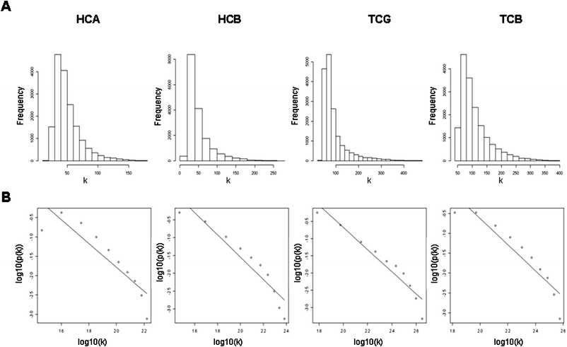 Gene connectivity distributions (top row) and log–log plots (bottom row) for the four GIN networks.