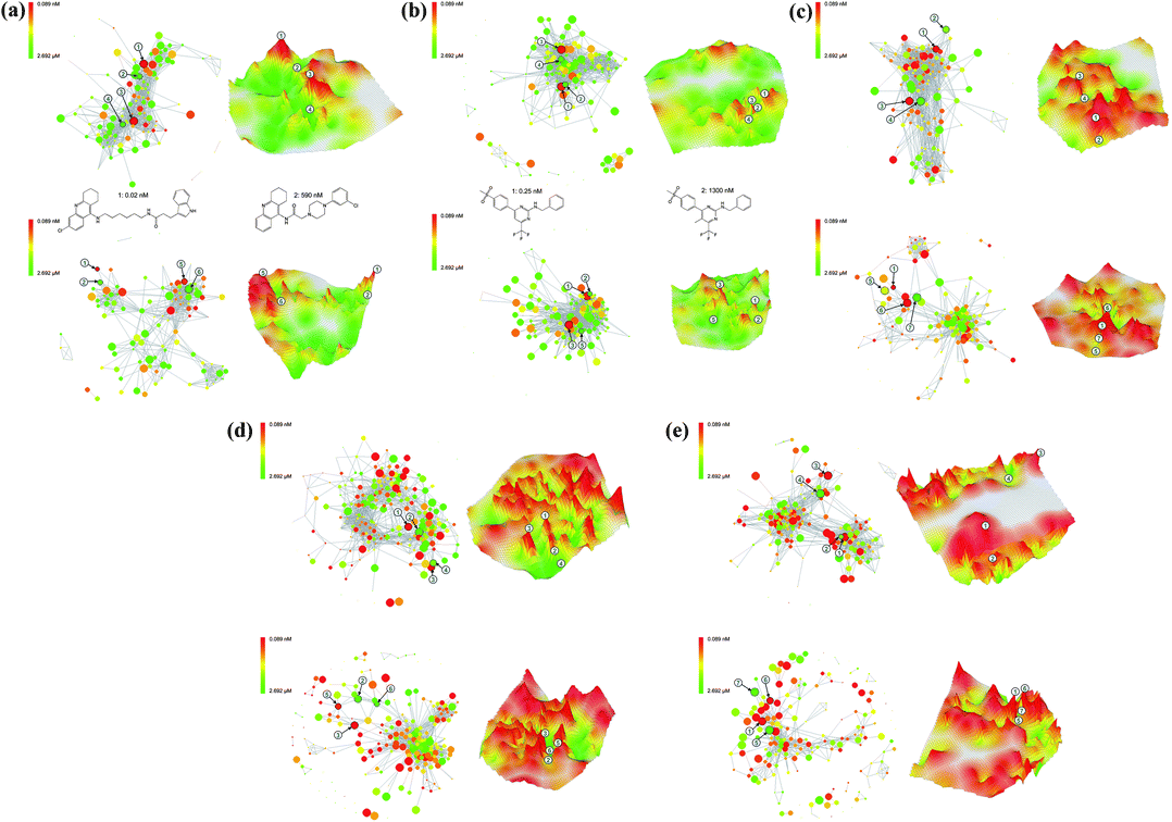 Comparison of NSGs and 3D activity landscape models. NSG and 3D landscape representations calculated on the basis of either MACCS (top) or Molprint2D fingerprint distances (bottom) are presented for five different compound data sets. Corresponding positions of selected compounds in 2D and 3D representations are indicated by numbers. Exemplary compound structures are also displayed. Landscape representations are shown for sets of (a) acetylcholinesterase inhibitors (ACH), (b) cyclooxygenase 2 inhibitors (COX), (c) serotonin reuptake inhibitors (5HT), (d) phosphodiesterase 4 inhibitors (PH4), and (e) thrombin inhibitors (THR).
