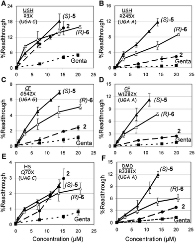 
          In vitro
          stop codon suppression levels induced by compounds 2 (●), (S)-5 (▲), (R)-6 (△) and gentamicin (■) in a series of nonsense mutation context constructs representing various genetic diseases (shown in parentheses): (A) R3X (USH1), (B) R245X (USH1), (C) G542X (CF), (D) W1282X (CF), (E) Q70X (HS), and (F) R3381X (DMD). The experiments and data analysis were performed as in the legend of Fig. 2. The results are averages of at least three independent experiments.