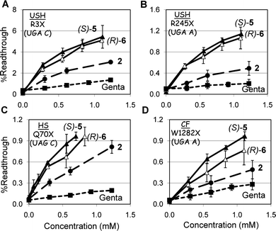 
          Ex
           vivo suppression of the (A) PCDH15-R3X, (B) PCDH15-R245X, (C) IDUA-Q70X, and (D) CFTR-W1282X nonsense mutations by compounds 2 (●), (S)-5 (▲), (R)-6 (△) and gentamicin (■). The constructs of p2luc plasmid harboring the R3X, R245X, Q70X and W1282X mutations were transfected to HEK-293 cells using lipofectamine 2000 and the tested compounds were added 6 h post transfection. Cells were harvested after 16 h incubation and luciferase activity was determined using the dual luciferase reporter assay system (Promega™). Stop codon readthrough was calculated as described previously.21 The results are averages of at least three independent experiments.