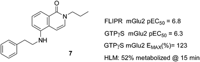 
          Isoquinolone hit 7 identified from a FLIPR mGluR2 PAM high-throughput screen.