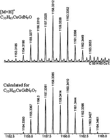 Experimental and calculated ESI HR-MS [M + H]+ ionic pattern of (DO3A-AM)Gd-(Porphyrin)Cu 9.