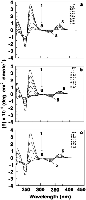 Representative circular dichroic spectra of poly(A) (60 μM) treated with (a) 0, 6, 12, 18, 24, 36, 42 and 48 μM of BER (curves 1–8) (b) 0, 6, 12, 18, 24, 30, 36 and 42 μM of BER3 (curves 1–8) and (c) 0, 6, 12, 18, 24 and 30 μM of BER5 (curves 1–6).