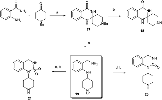 Reagents and conditions: (a) TsOH, toluene; (b) Pd(OH)2/C, H2, MeOH; (c) LiAlH4, dioxane; (d) CDl, CH3CN, reflux; (e) Sulfamide, pyridine, reflux.