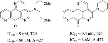 Examples of C-ring analogues of meridine tested against bladder T24 and lung carcinoma A-427 cell lines.239