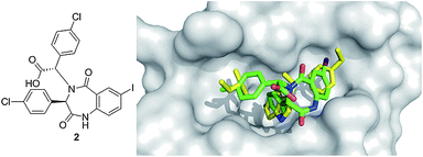 Co-crystal structure of Johnson & Johnson's benzodiazepine small molecule 2 (green sticks, PDB ID: 1T4E) and MDM2 (grey surface) superimposed on the key amino acid side chain residues of the p53/MDM2 structure (yellow sticks, PDB ID: 1YCR).
