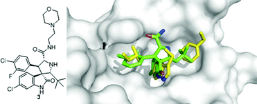 Co-crystal structure of Wang's spiroindolone small molecule 3 (green sticks, PBD-ID: 3LBL) and MDM2 (grey surface) superimposed on the key amino acid side chain residues of the p53/MDM2 structure (yellow sticks, PDB-ID: 1YCR).