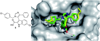 Co-crystal structure of Dömling's imidazole small molecule 5 (green sticks, PDB ID: 3LBK) and MDM2 superimposed on the key amino acid side chain residues of the p53/MDM2 structure (yellow sticks, PDB ID: 1YCR).