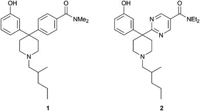 Biaryl piperidine 1 and target pyrimidine 2.