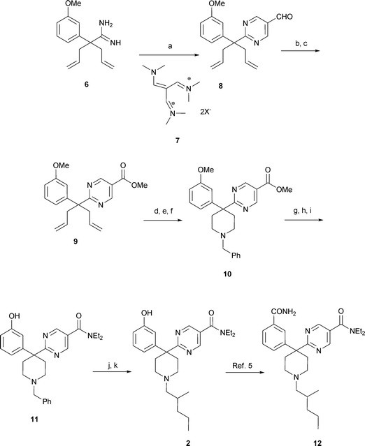 Reagents and conditions: a) NaOEt; EtOH, 0 to 80 °C, then 1 M HCl, 81%; b) NaClO2, KH2PO4, t-BuOH, 2-methyl-2-butene, −5 °C to rt, 94%; c) CDI, CH3OH, rt, 84%; d) OsO4, NMO, acetone-H2O; e) NaIO4, NMO, EtOH–H2O, rt f) BnNH2, NaBH(OAc)3, CH3COOH, CH2Cl2, rt, 50% for steps d, e, f; g) LiOH, MeOH–H2O, rt; h) CDI, Et2NH, CH2Cl2, rt, 95% for steps g and h; i) EtSH, NaH, DMF, 120 °C, 75%; j) alpha-chloroethyl chloroformate, K2CO3, (CH2)2Cl2 then CH3OH, reflux, 90%; k) 2-methyl valeraldehyde, NaBH(OAc)3, (CH2)2Cl2, rt, 77%.