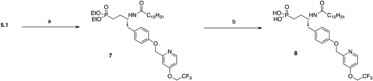 Preparation of phosphonate. Reagents and conditions: (a) H2, Pd/C, EtOH, rt., 91%. (b) TMSBr, DCM 0 °C to rt, 38%.