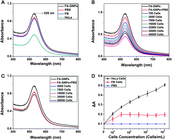 A: UV-vis spectra of FA-GNPs, FA-GNPs in PBS, supernatant of FA-GNPs with 30 000 HeLa cells in PBS, FA-GNPs with 30 000 FB cells in PBS. B: Spectra for different amounts of HeLa cells. C: Spectra for different amounts of FB cells. D: ΔA of the target HeLa cells (black line) and fibroblasts (red line). The blank sample contains no cell (PBS with nanoparticles, blue line).