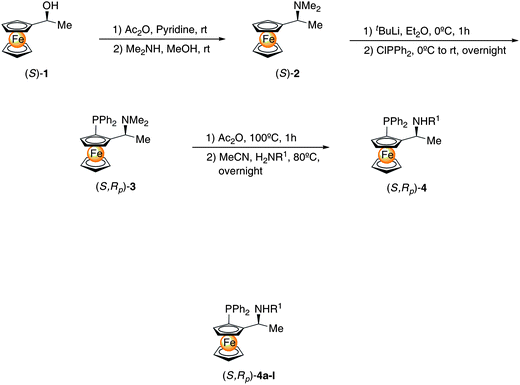 Synthesis of ferrocenyl amino phosphines. Reagents and conditions: (a) (i) Ac2O, pyridine, rt; (ii) Me2NH, MeOH, rt. (b) (i) t-BuLi, Et2O, 0 °C, rt; (ii) ClPPh2, 0 °C to rt. (c) (i) Ac2O, 100 °C, 1 h; (ii) MeCN, H2NR1, 80 °C, overnight.