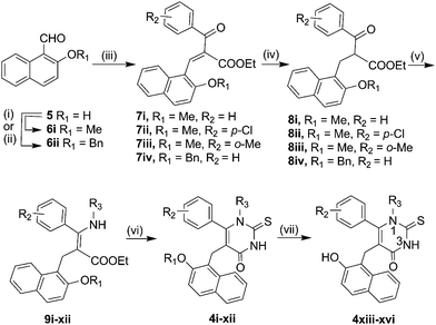 Synthesis of cambinol analogues 4i–xvi. See Table 1 for substituent structures. Reagents and conditions: (i) MeI, K2CO3, DMF, rt, 18 h; (ii) BnBr, K2CO3, acetone, reflux, 18 h; (iii) ethyl benzoyl acetates, piperidine, EtOH, 18 h, reflux; (iv) NaBH4, pyridine, rt, 2 h; (v) R3NH2, CH3COOH, ethanol, 2 d, reflux (due to instability, these enamines were reacted directly in the following cyclisation reaction); (vi) TMSNCS, 3 h, reflux; (vii) BCl3, n-Bu4NI, DCM, −78 to 0 °C, 2 h.
